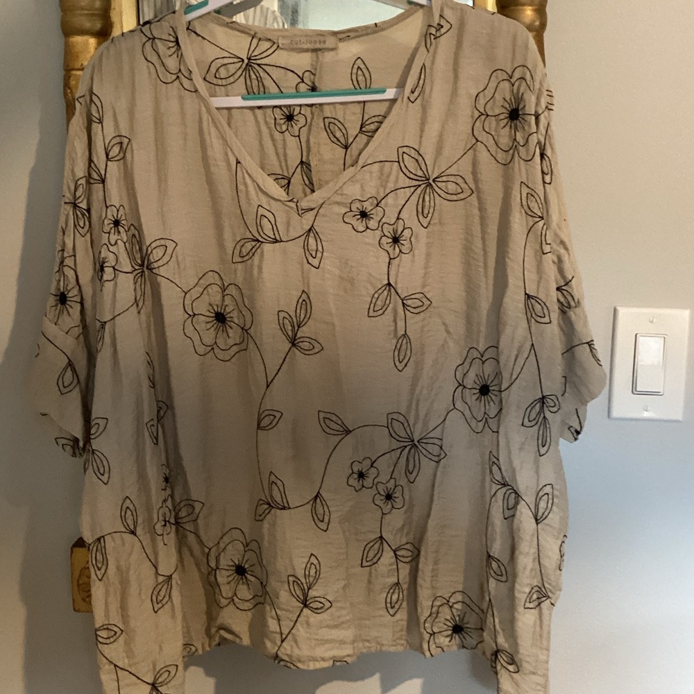 Cutloose rayon tunic top black stitching on tan background, half sleeves v neck.